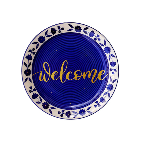Wall Plate | Hand Lettered Welcome Sign | Floral Blue | Entrance Home Decor | Best House Warming Gift | Wall Decor | Buy Online India